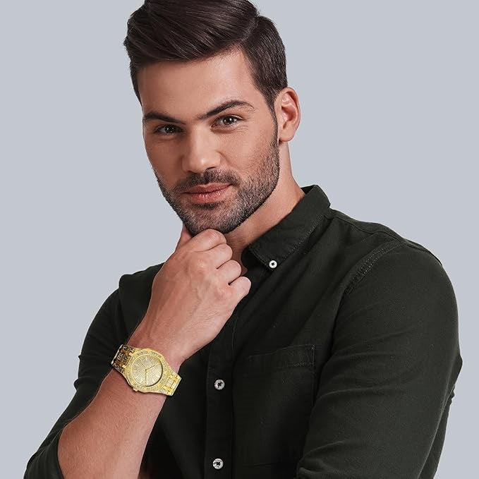 LUXURY FASHION PREMIUM DESIGN DIAMOND CRYSTAL DIAL STAINLESS STEEL GOLD CHAIN SRA TRANDY WATCH