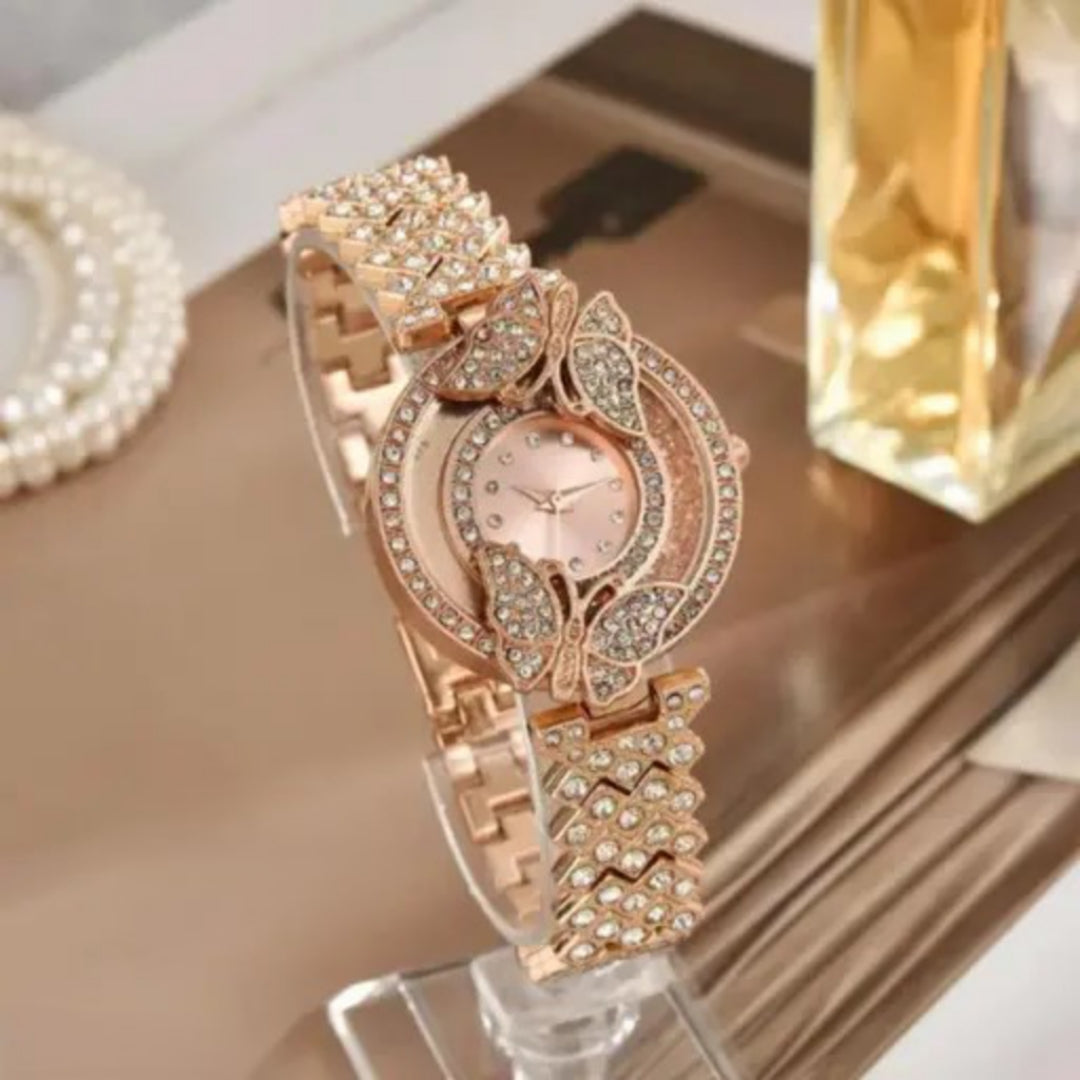 LUXURY FASHION PREMIUM DESIGN DIAMOND CRYSTAL DIAL STAINLESS STEEL ROSE GOLD CHAIN SRA TRANDY WATCH