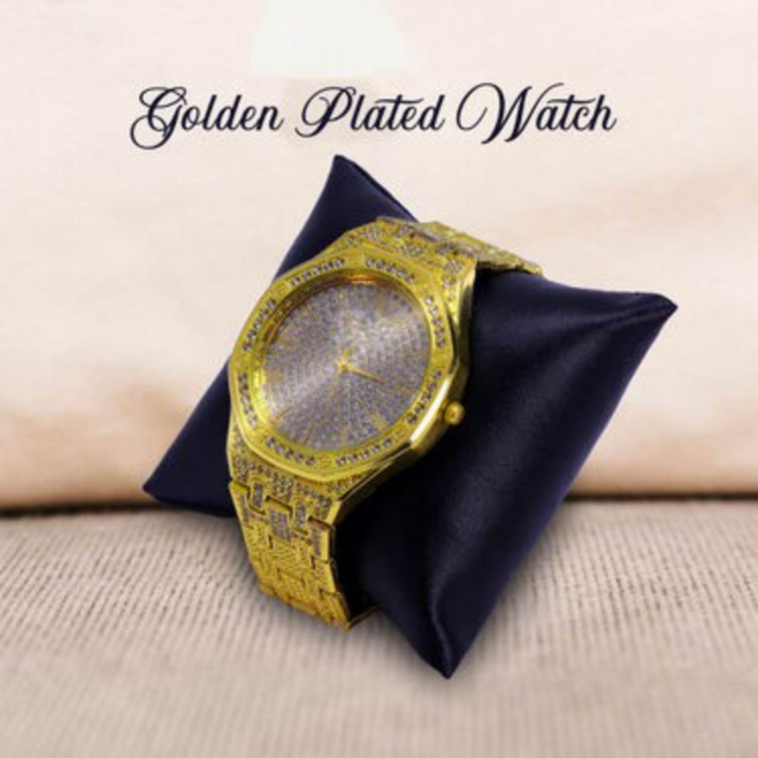 LUXURY FASHION PREMIUM DESIGN DIAMOND CRYSTAL DIAL STAINLESS STEEL GOLD CHAIN SRA TRANDY WATCH