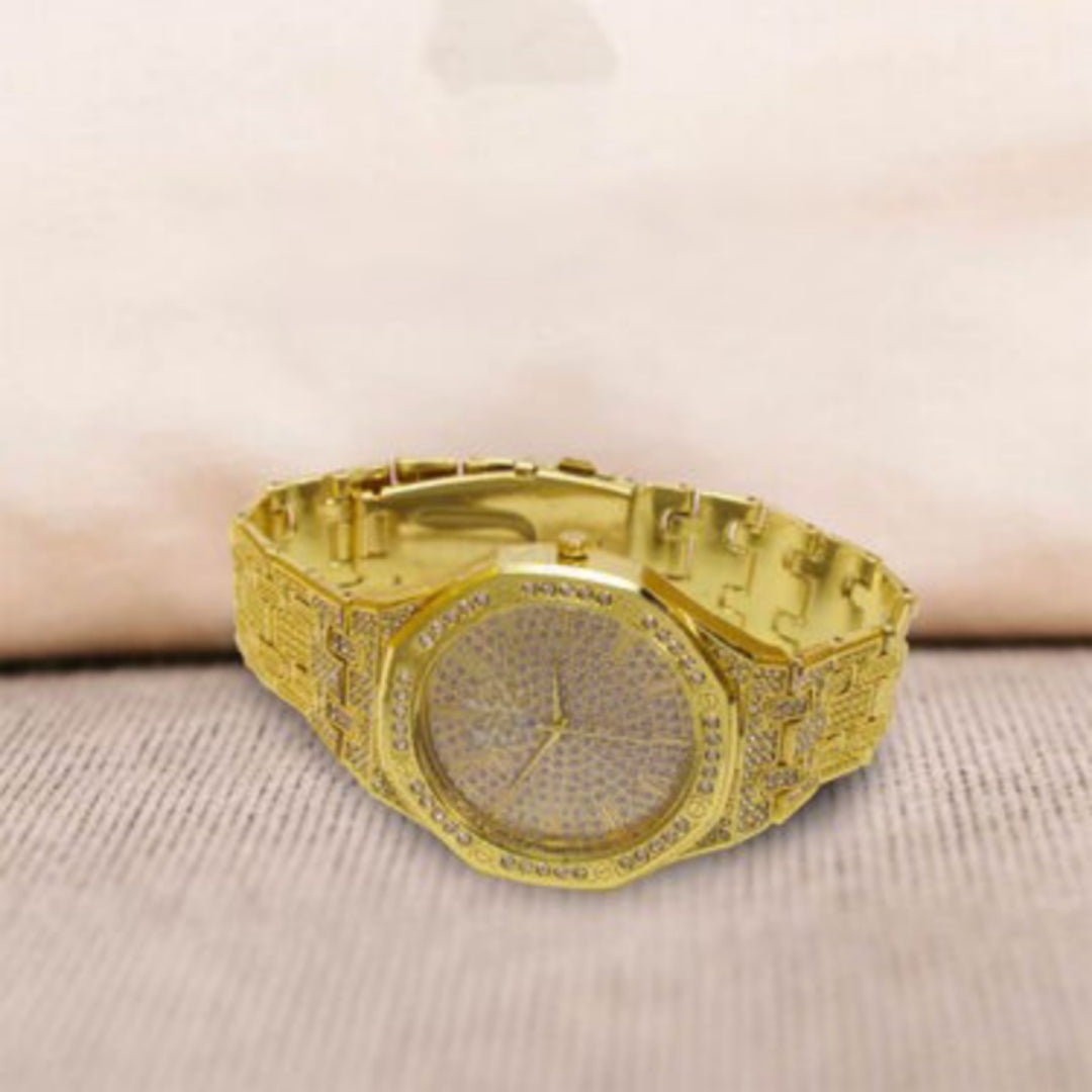 LUXURY FASHION PREMIUM DESIGN DIAMOND CRYSTAL DIAL STAINLESS STEEL GOLD CHAIN SRA TRANDY WATCH