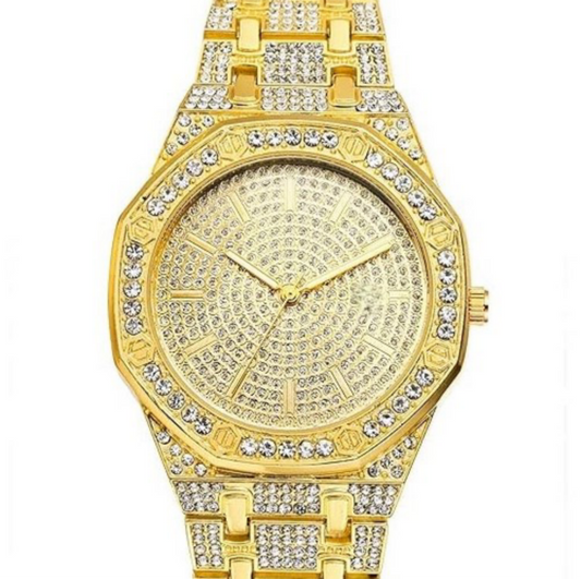LUXURY FASHION PREMIUM DESIGN DIAMOND CRYSTAL DIAL STAINLESS STEEL GOLD CHAIN SRA TRANDY WATCH