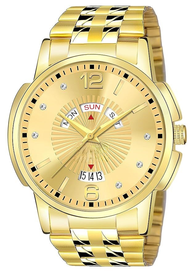 LUXURY FASHION PREMIUM DESIGN DATE DIAL STAINLESS STEEL GOLD CHAIN SRA TRANDY WATCH