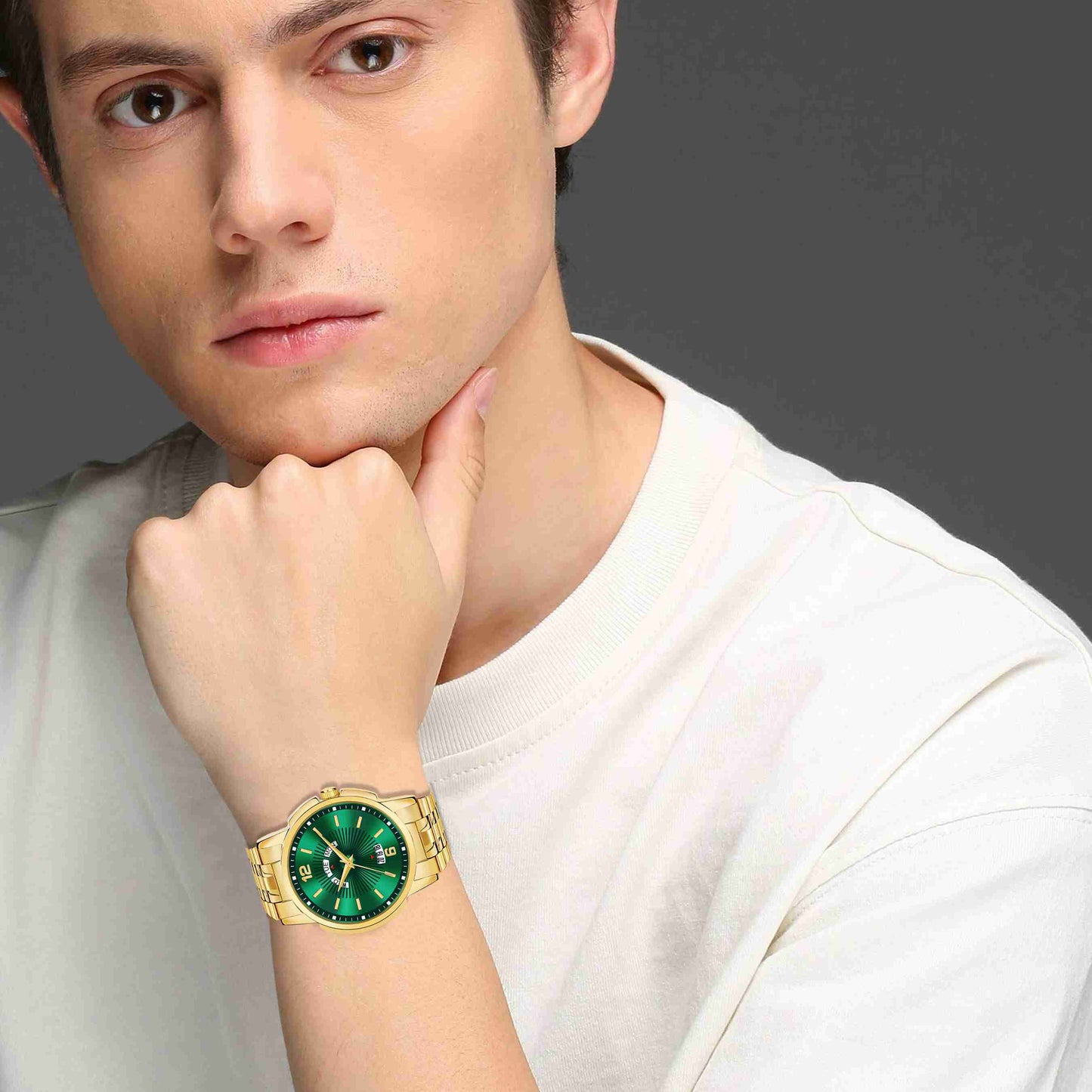 LUXURY FASHION PREMIUM DESIGN DIAL STAINLESS STEEL GOLD CHAIN SRA TRANDY WATCH