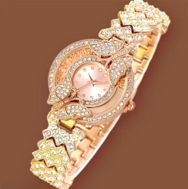 LUXURY FASHION PREMIUM DESIGN DIAMOND CRYSTAL DIAL STAINLESS STEEL ROSE GOLD CHAIN SRA TRANDY WATCH