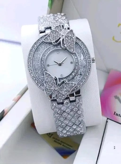 LUXURY FASHION PREMIUM DESIGN DIAMOND CRYSTAL DIAL STAINLESS STEEL SILVER CHAIN