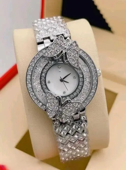 LUXURY FASHION PREMIUM DESIGN DIAMOND CRYSTAL DIAL STAINLESS STEEL SILVER CHAIN